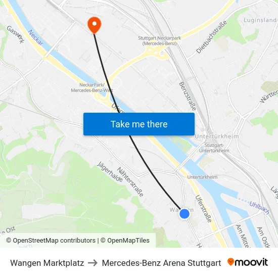 Wangen Marktplatz to Mercedes-Benz Arena Stuttgart map
