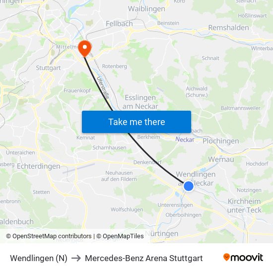 Wendlingen (N) to Mercedes-Benz Arena Stuttgart map