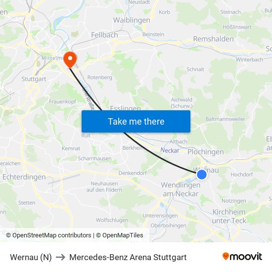 Wernau (N) to Mercedes-Benz Arena Stuttgart map