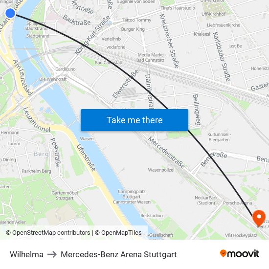 Wilhelma to Mercedes-Benz Arena Stuttgart map