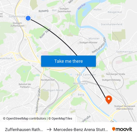 Zuffenhausen Rathaus to Mercedes-Benz Arena Stuttgart map