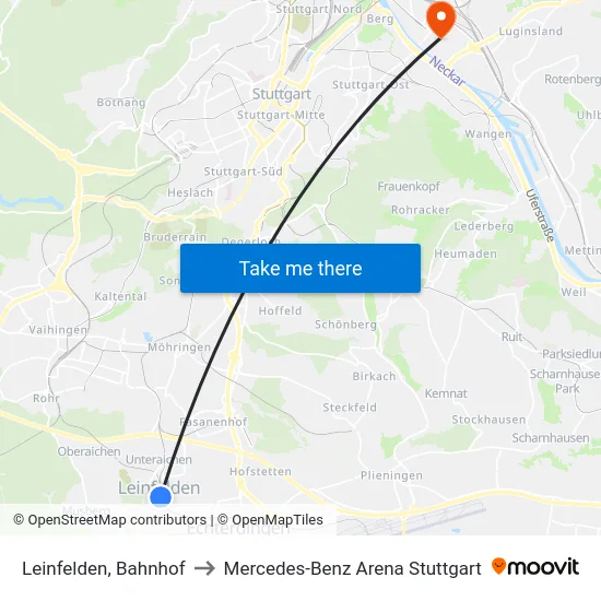 Leinfelden, Bahnhof to Mercedes-Benz Arena Stuttgart map