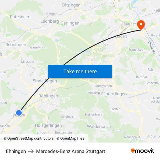 Ehningen to Mercedes-Benz Arena Stuttgart map