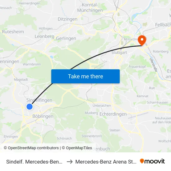 Sindelf. Mercedes-Benz P307 to Mercedes-Benz Arena Stuttgart map