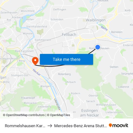 Rommelshausen Karlstr. to Mercedes-Benz Arena Stuttgart map