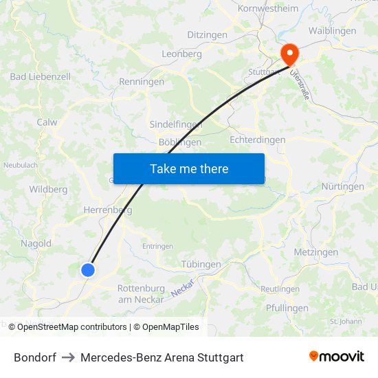 Bondorf to Mercedes-Benz Arena Stuttgart map