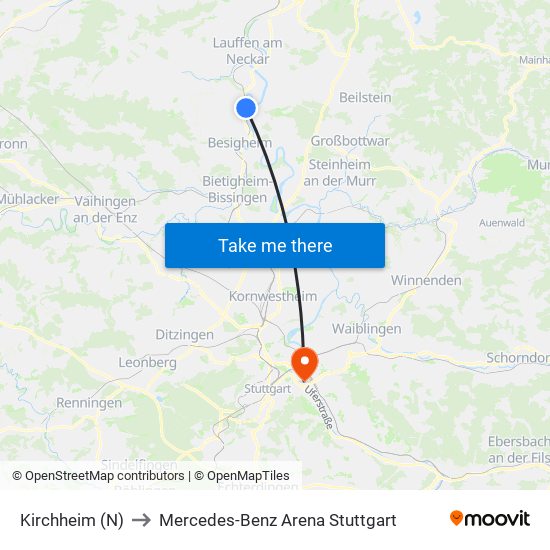 Kirchheim (N) to Mercedes-Benz Arena Stuttgart map