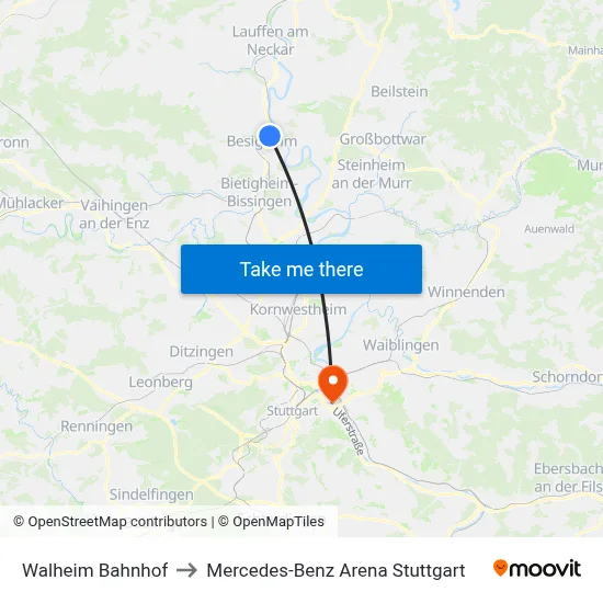 Walheim Bahnhof to Mercedes-Benz Arena Stuttgart map