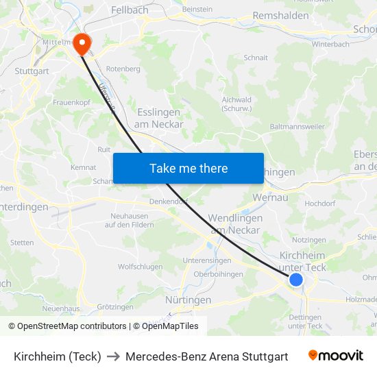 Kirchheim (Teck) to Mercedes-Benz Arena Stuttgart map