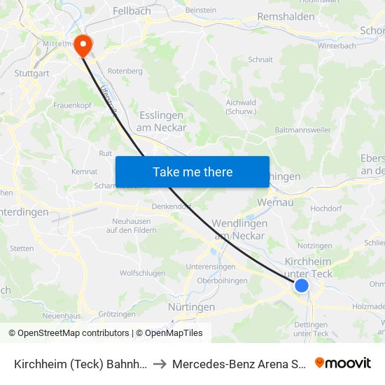 Kirchheim (Teck) Bahnhof/Zob to Mercedes-Benz Arena Stuttgart map