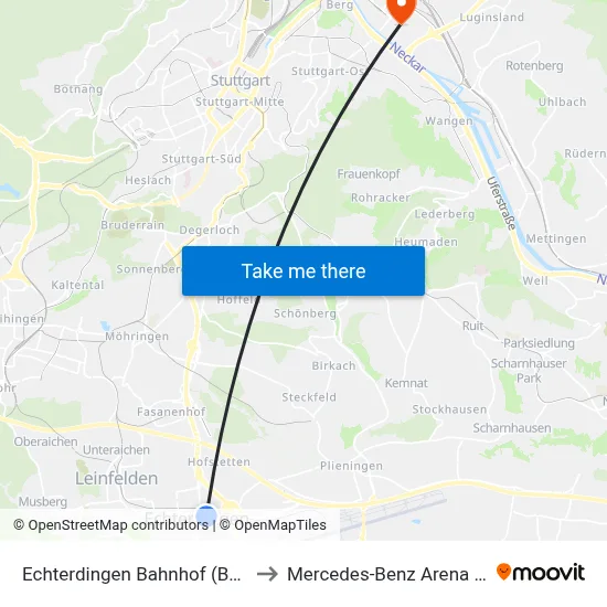 Echterdingen Bahnhof (Burgstraße) to Mercedes-Benz Arena Stuttgart map