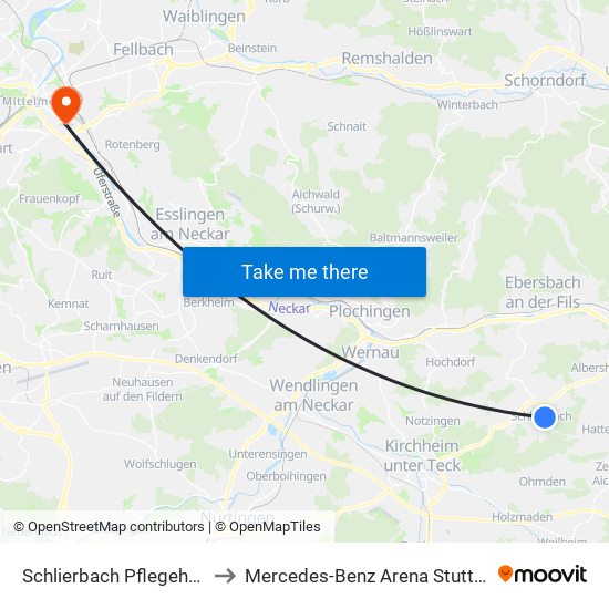 Schlierbach Pflegeheim to Mercedes-Benz Arena Stuttgart map