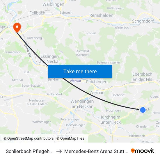 Schlierbach Pflegeheim to Mercedes-Benz Arena Stuttgart map