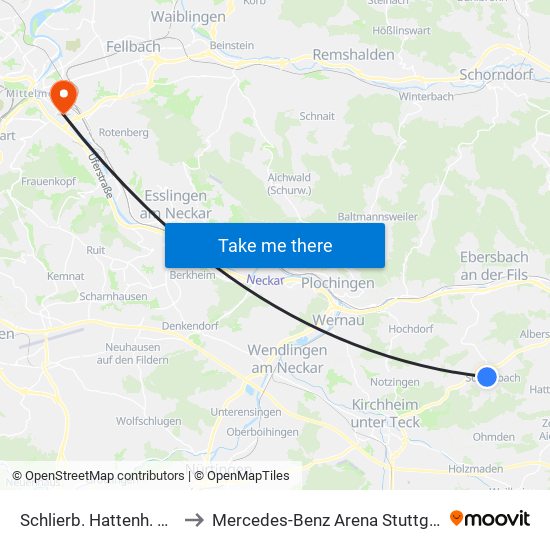 Schlierb. Hattenh. Str. to Mercedes-Benz Arena Stuttgart map