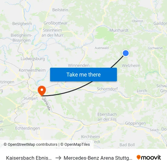 Kaisersbach Ebnisee to Mercedes-Benz Arena Stuttgart map