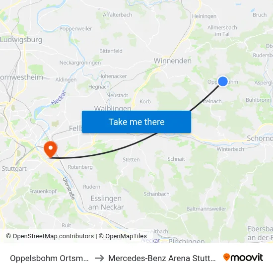 Oppelsbohm Ortsmitte to Mercedes-Benz Arena Stuttgart map