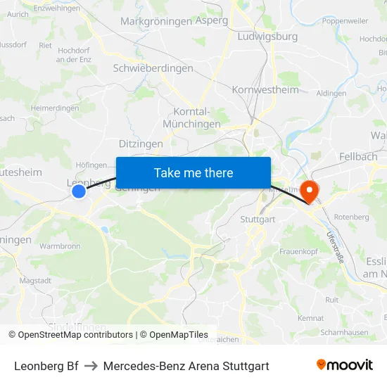 Leonberg Bf to Mercedes-Benz Arena Stuttgart map