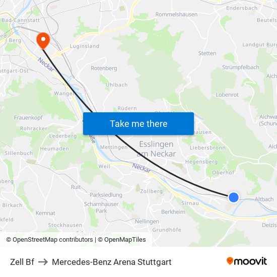 Zell Bf to Mercedes-Benz Arena Stuttgart map