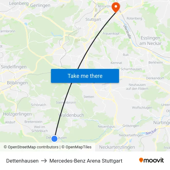 Dettenhausen to Mercedes-Benz Arena Stuttgart map