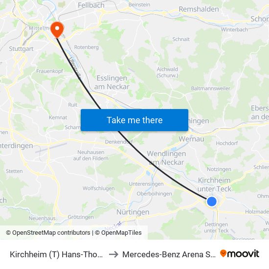 Kirchheim (T) Hans-Thoma-Weg to Mercedes-Benz Arena Stuttgart map