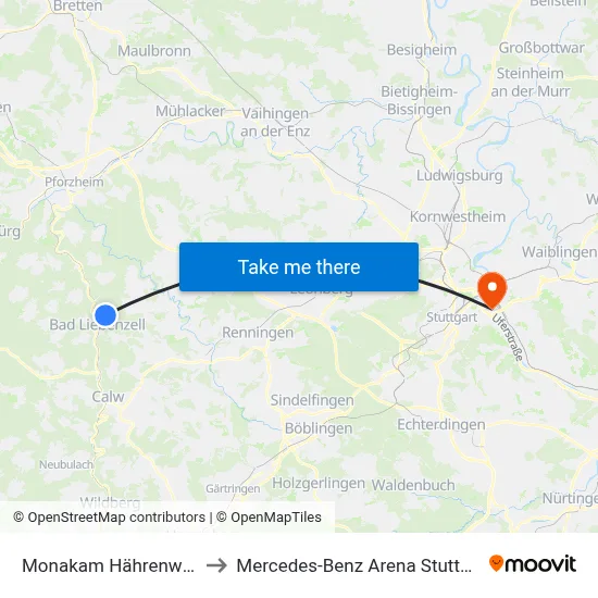 Monakam Hährenwald to Mercedes-Benz Arena Stuttgart map