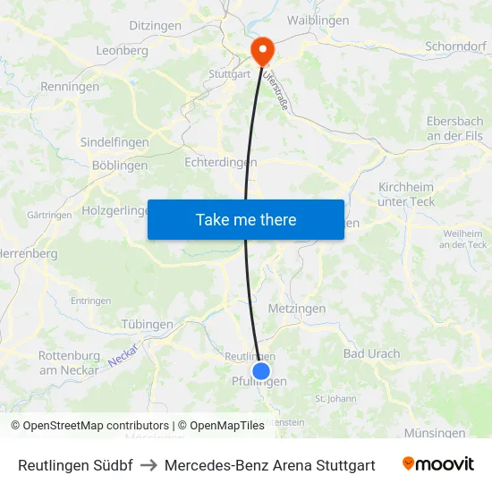 Reutlingen Südbf to Mercedes-Benz Arena Stuttgart map