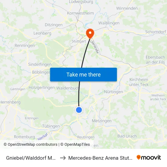 Gniebel/Walddorf Metric to Mercedes-Benz Arena Stuttgart map