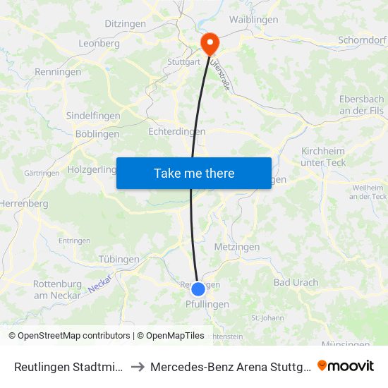 Reutlingen Stadtmitte to Mercedes-Benz Arena Stuttgart map