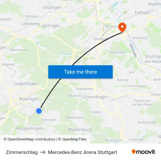 Zimmerschlag to Mercedes-Benz Arena Stuttgart map