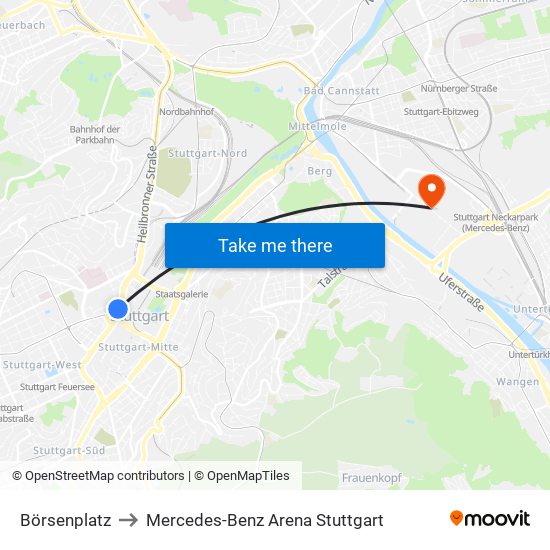 Börsenplatz to Mercedes-Benz Arena Stuttgart map