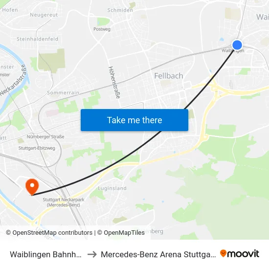 Waiblingen Bahnhof to Mercedes-Benz Arena Stuttgart map
