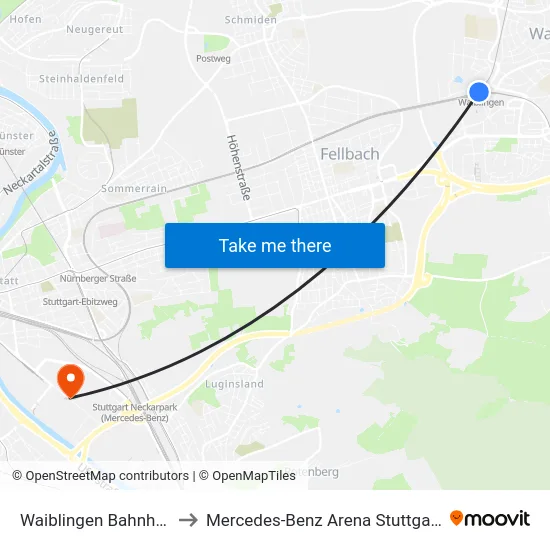 Waiblingen Bahnhof to Mercedes-Benz Arena Stuttgart map