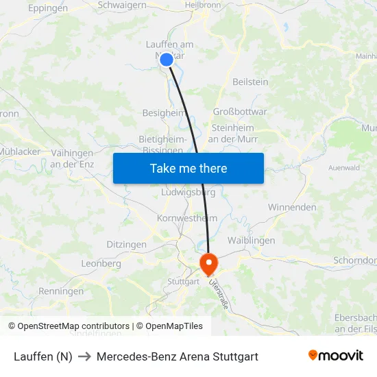 Lauffen (N) to Mercedes-Benz Arena Stuttgart map