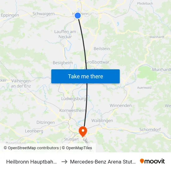 Heilbronn Hauptbahnhof to Mercedes-Benz Arena Stuttgart map