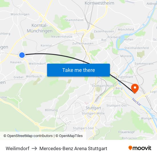 Weilimdorf to Mercedes-Benz Arena Stuttgart map