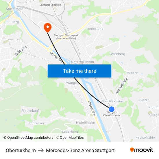 Obertürkheim to Mercedes-Benz Arena Stuttgart map