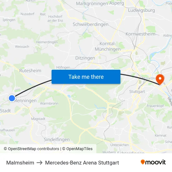 Malmsheim to Mercedes-Benz Arena Stuttgart map