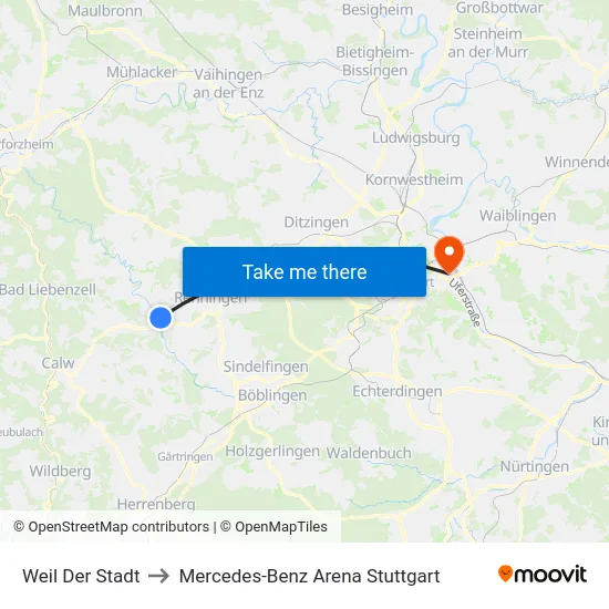 Weil Der Stadt to Mercedes-Benz Arena Stuttgart map