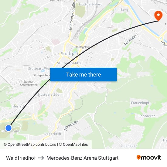 Waldfriedhof to Mercedes-Benz Arena Stuttgart map