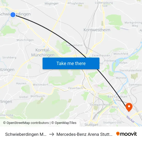 Schwieberdingen Mitte to Mercedes-Benz Arena Stuttgart map