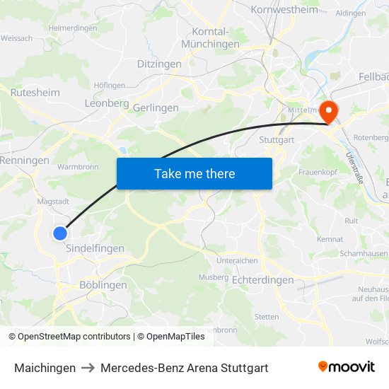 Maichingen to Mercedes-Benz Arena Stuttgart map