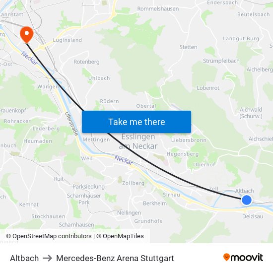 Altbach to Mercedes-Benz Arena Stuttgart map