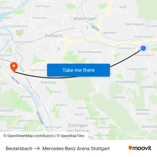 Beutelsbach to Mercedes-Benz Arena Stuttgart map