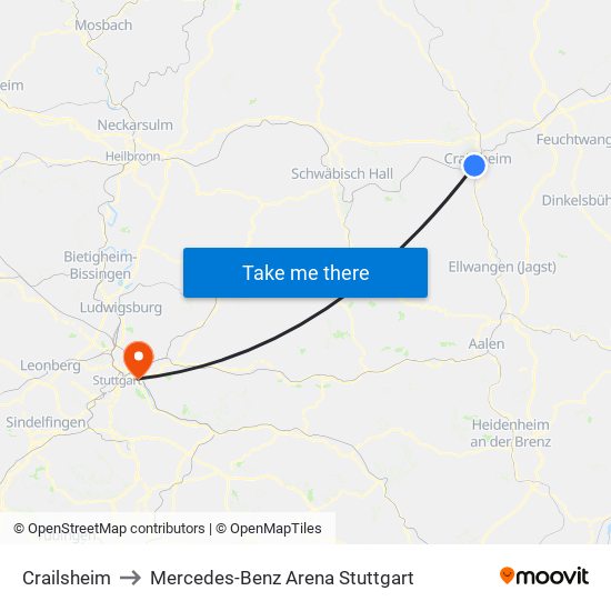 Crailsheim to Mercedes-Benz Arena Stuttgart map