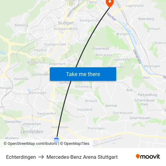 Echterdingen to Mercedes-Benz Arena Stuttgart map