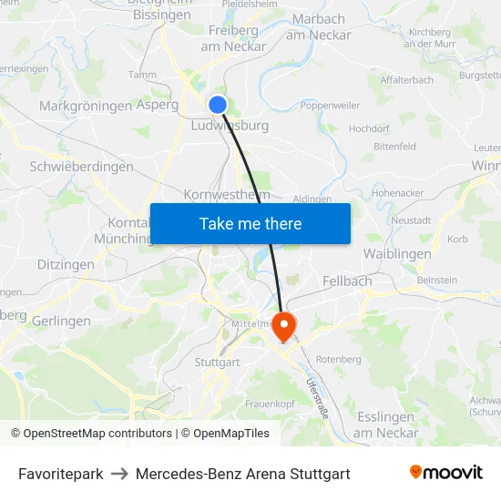 Favoritepark to Mercedes-Benz Arena Stuttgart map