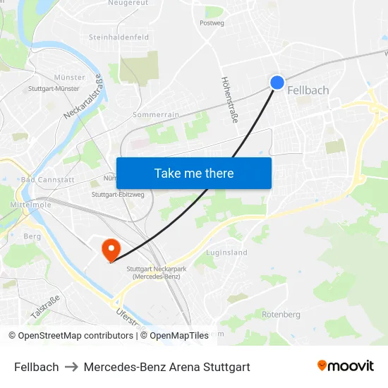 Fellbach to Mercedes-Benz Arena Stuttgart map