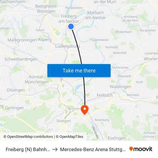 Freiberg (N) Bahnhof to Mercedes-Benz Arena Stuttgart map