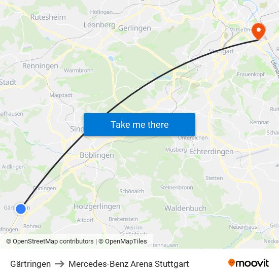 Gärtringen to Mercedes-Benz Arena Stuttgart map