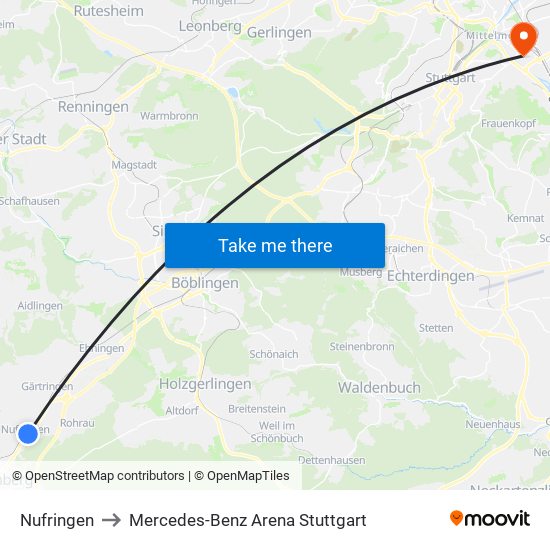 Nufringen to Mercedes-Benz Arena Stuttgart map